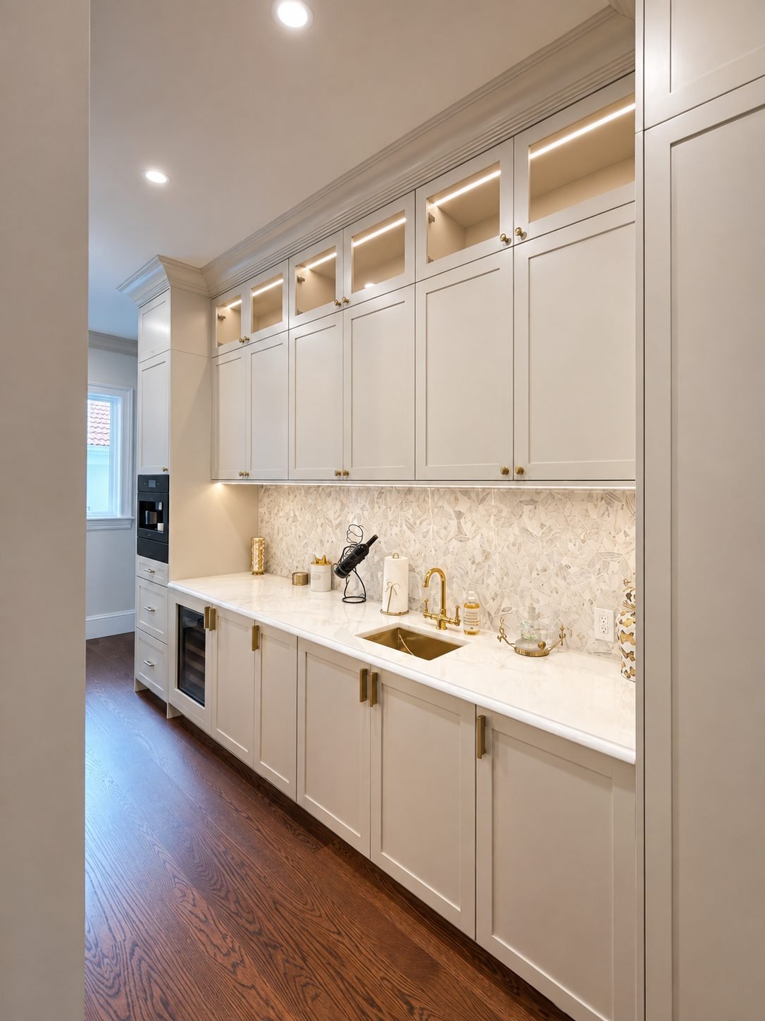 Beverage pantry with cream cabinetry, illuminated glass-front upper cabinets, brass gooseneck faucet, brass sink, stone mosaic backsplash and a wine fridge
