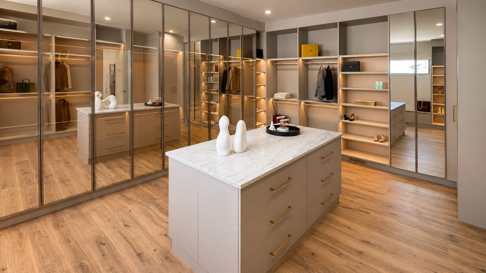 Symmetrical champagne dressing room with bronze mirrored doors, two marble-top islands and open shelving styled with designer bags