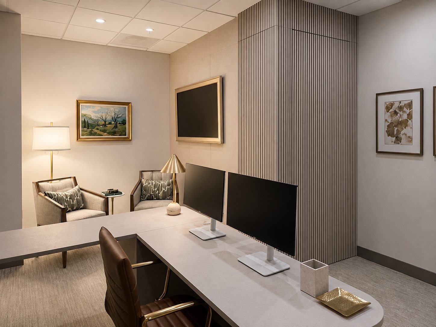 Office reception waiting area with a slatted wood wall, wall-mounted TV and lounge chairs