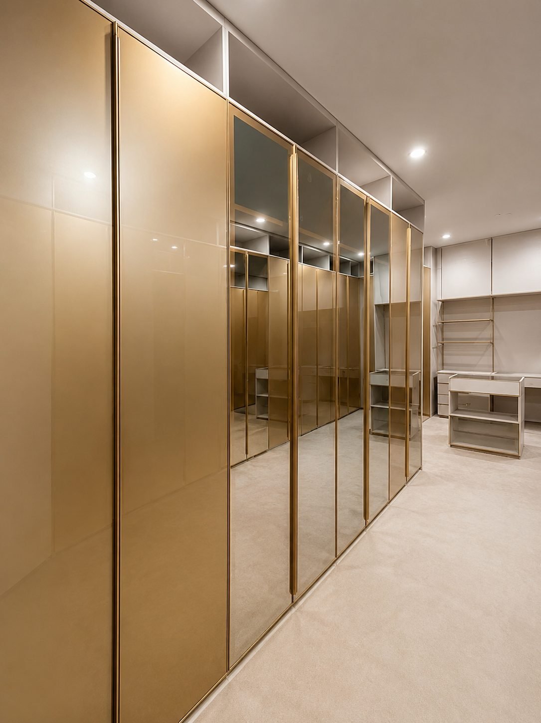 Symmetrical closet corridor with glossy gold and bronze mirrored wardrobe doors and beige carpet flooring