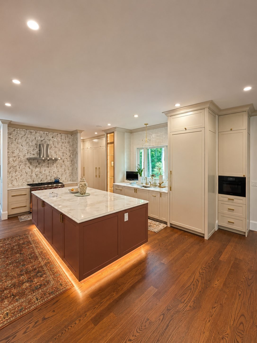 Kitchen with terracotta lacquer island, white marble countertop, cream cabinetry, stone mosaic backsplash and a brass-lit glass display cabinet